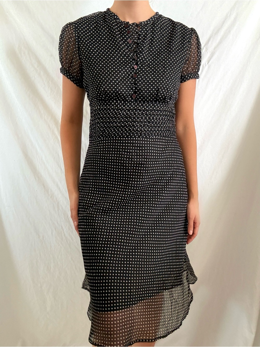 Vintage Delias black chiffon polka dot dress high neck button up Y2K retro